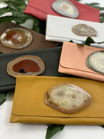 Handmade leather clutch with natural agate stone