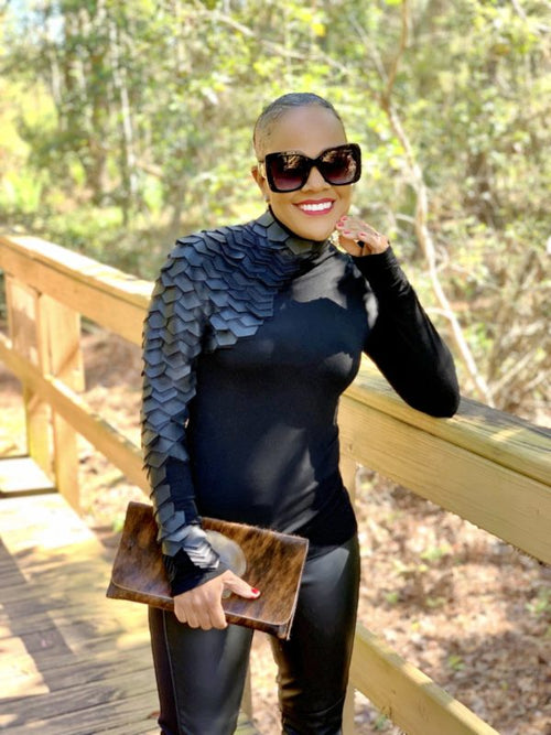 Black Butterfly | Long Sleeve Faux Leather Embellished Top