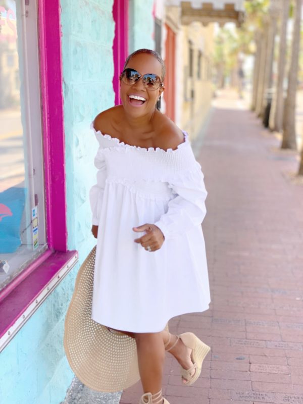 Ruffle off the shoulder dress white Clearance