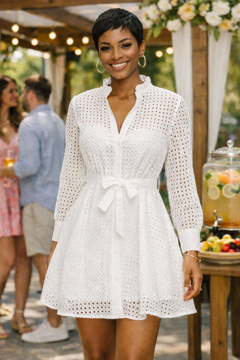 white eyelet long sleeve dress Detail *(Request Size)* – Fourth & Jack A feminine Belly Pooch Big Belly Sequins Prom Dresses Size:Small 38