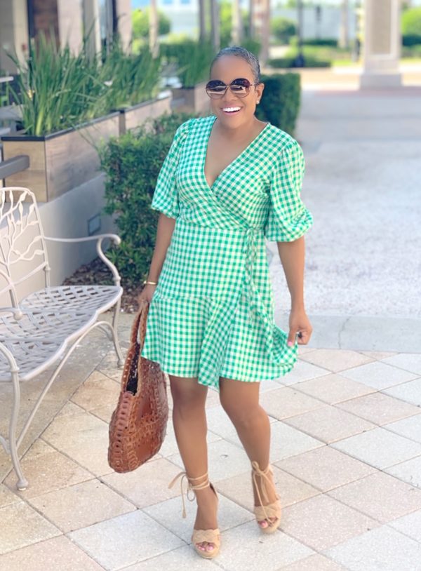 green gingham wrap dress Green Gingham Print Wrap Tie Midi Dress