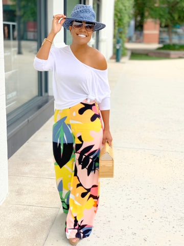 Plus Palm Print Wide Leg Pants