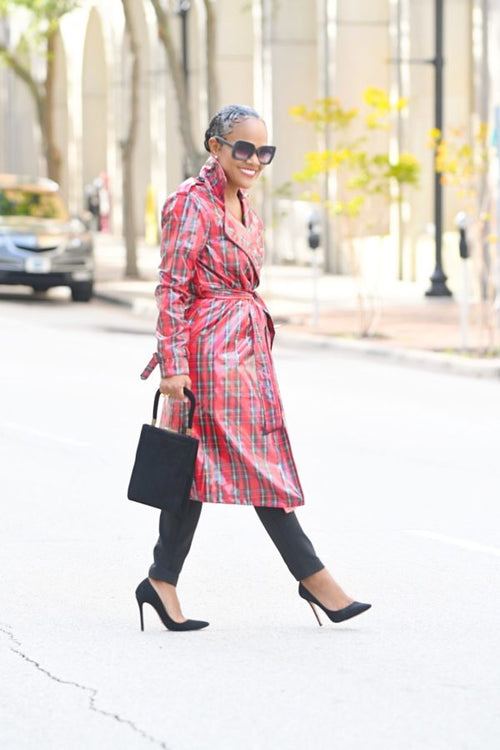 Trenched in Plaid | Vinyl Belted Trench Coat