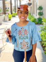 Southwestern Blues | Embroidered Ruffle  Sleeve Top