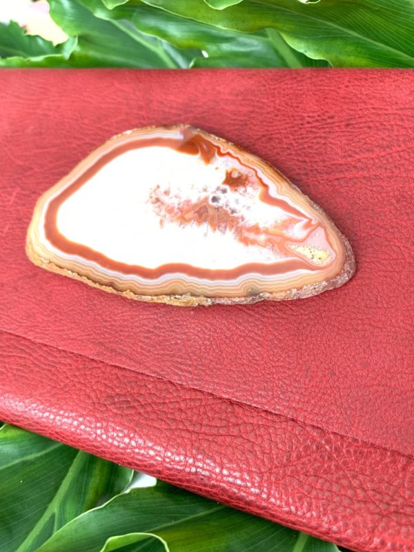 Handmade Genuine Leather Clutch w/ Natural Agate Stone | Red w/ Creme & Gold Stone